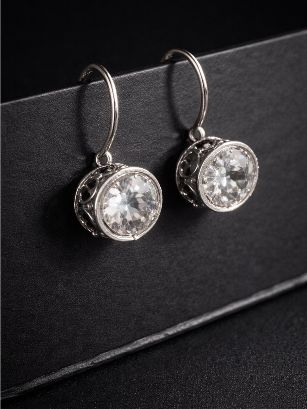 925 Sterling Silver CZ Dangle Earrings Round Bezel Set 3.46g Sparkle Drop